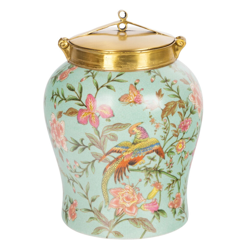 Ваза округлой формы из фарфора с рисунком и бронзовой крышкой Turquoise Blooming Garden Мульти Бронза Бирюзовый Ваза округлой формы из фарфора с рисунком и бронзовой крышкой Turquoise Blooming Garden Мульти Бронза Бирюзовый в Грозном | Loft Concept