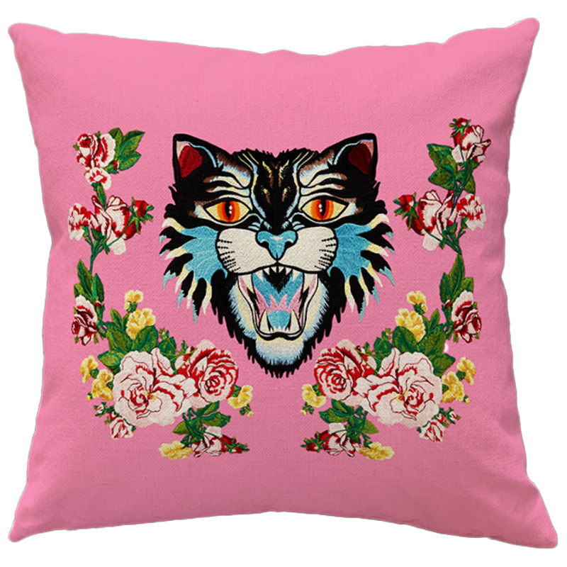 Декоративная подушка Стиль Gucci Cat Pink Розовый Мульти Декоративная подушка Стиль Gucci Cat Pink Розовый Мульти в Грозном | Loft Concept