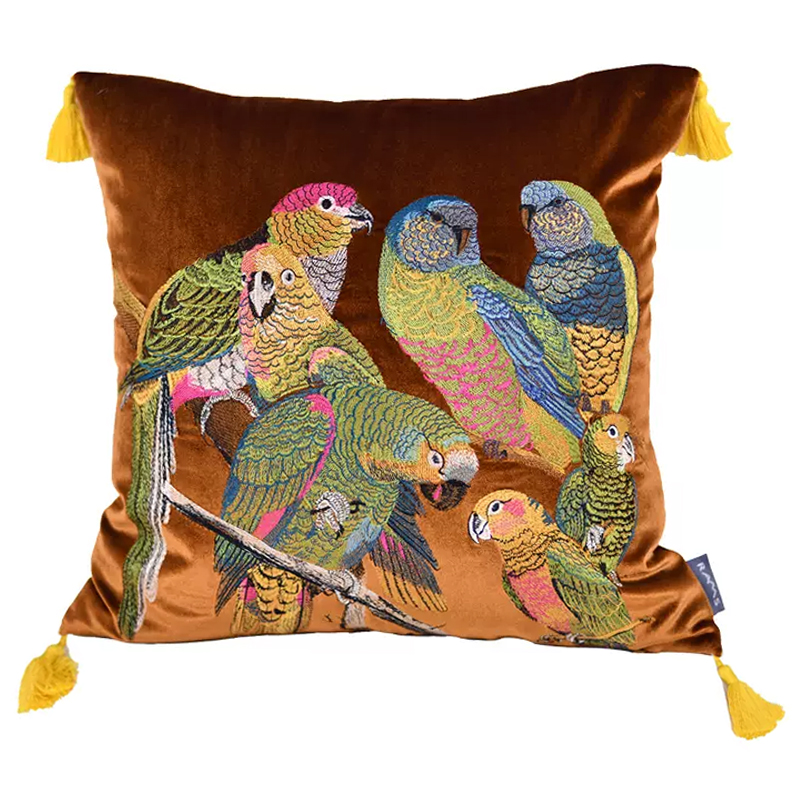 Декоративная подушка с вышивкой Embroidery Parrots Pillow Brown Коричневый Мульти Декоративная подушка с вышивкой Embroidery Parrots Pillow Brown Коричневый Мульти в Грозном | Loft Concept
