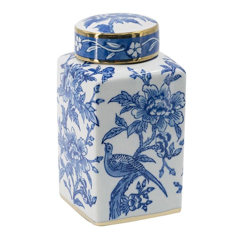 Ваза с крышкой Bird & Flowers Oriental Ornament Глянцевое золото Белый Синий Ваза с крышкой Bird & Flowers Oriental Ornament Глянцевое золото Белый Синий в Грозном | Loft Concept