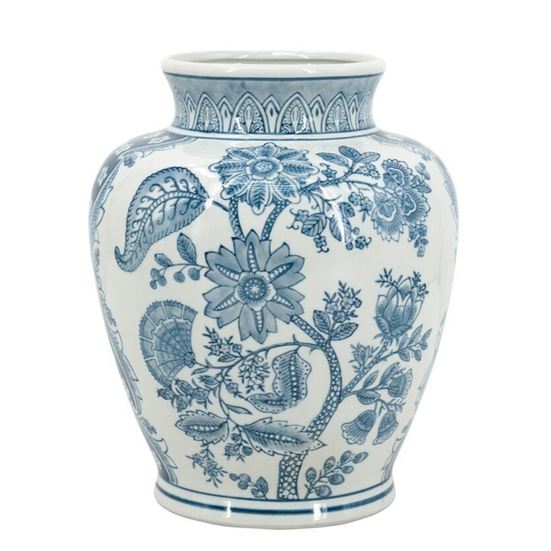 Ваза округлой формы белого цвета с синим растительным узором Blue & White Ornament Белый Синий Ваза округлой формы белого цвета с синим растительным узором Blue & White Ornament Белый Синий в Грозном | Loft Concept