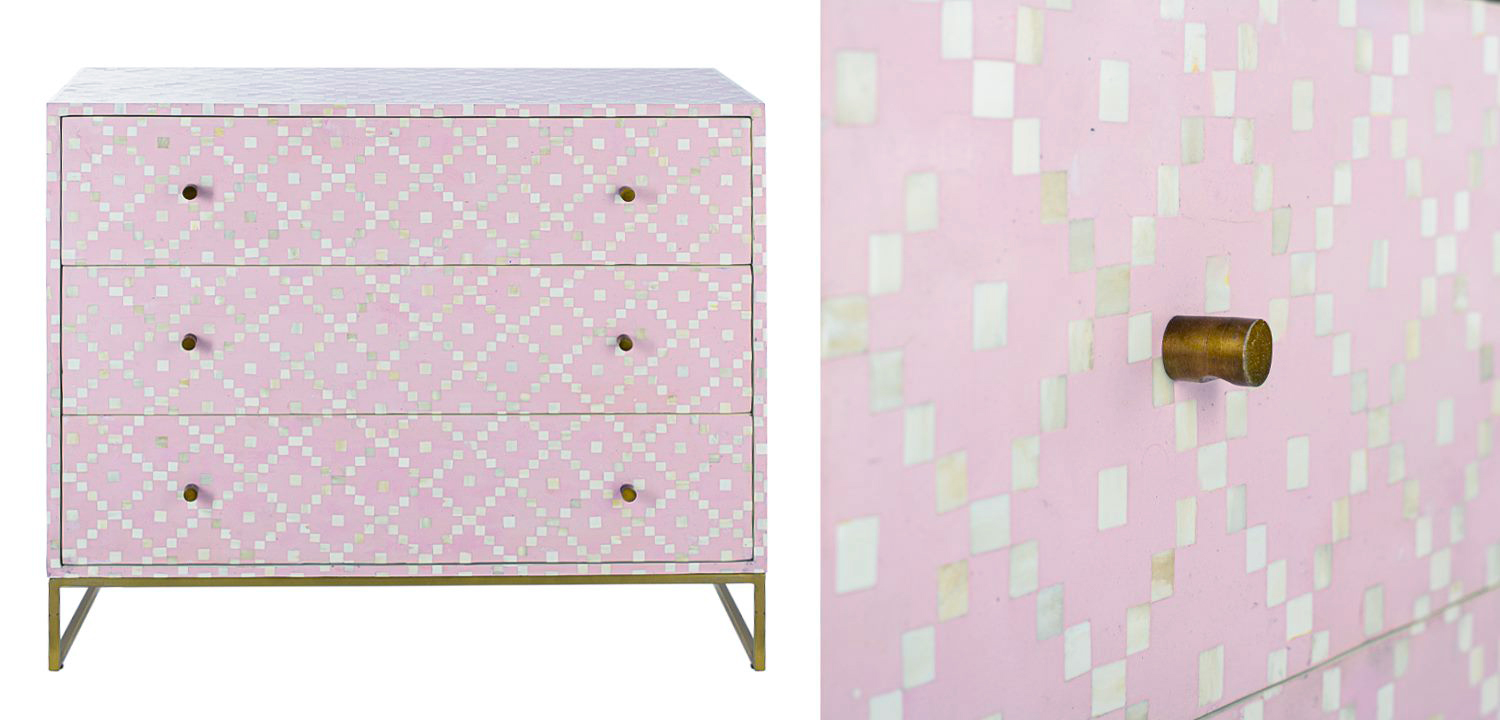 Комод инкрустация костью Pink Indian Bone Inlay 3 drawer Розовый - фото