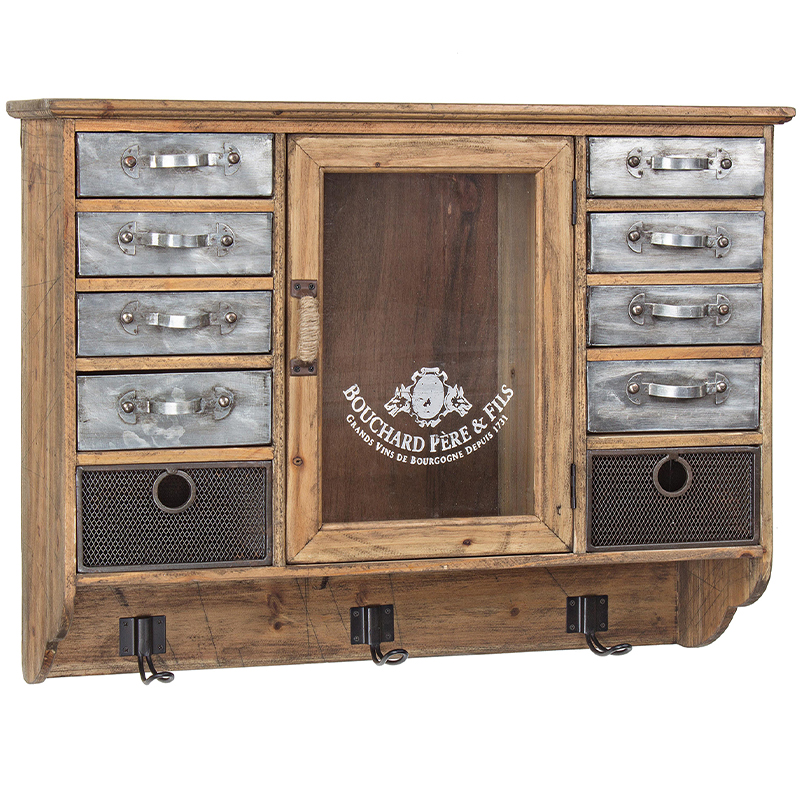 Полка в винтажном стиле с витриной и металлическими выдвижными ящиками Vintage Wood Shelf Коричневый Серебряный в Грозном | Loft Concept 