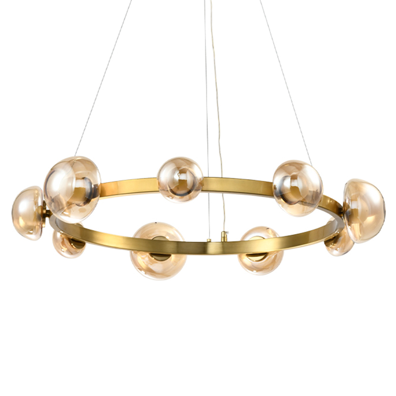 Люстра подвесная светодиодная с 9-ю круглыми плафонами коньячного цвета Iona Chandelier Brass Латунь Люстра подвесная светодиодная с 9-ю круглыми плафонами коньячного цвета Iona Chandelier Brass Латунь в Грозном | Loft Concept