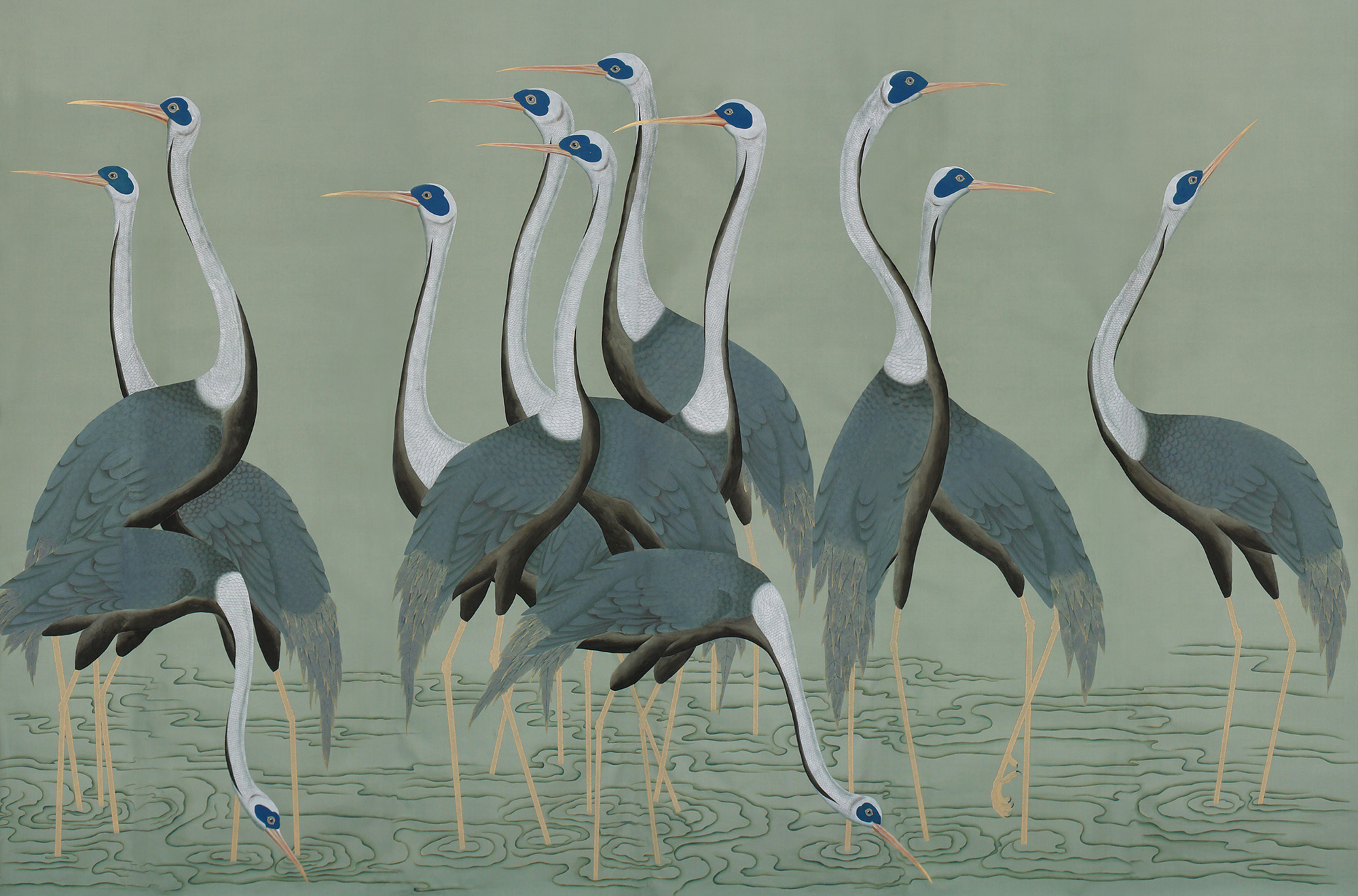 Обои ручная роспись Sarus Cranes Colourway SC-206 on Blue Grey dyed silk Обои ручная роспись Sarus Cranes Colourway SC-206 on Blue Grey dyed silk - постер Loft-Concept в Грозном
