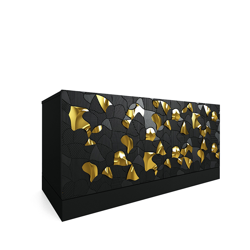 Комод малый инкрустированный золотым орнаментом Wooden Petals Gold Черный Серый Комод малый инкрустированный золотым орнаментом Wooden Petals Gold Черный Серый в Грозном | Loft Concept