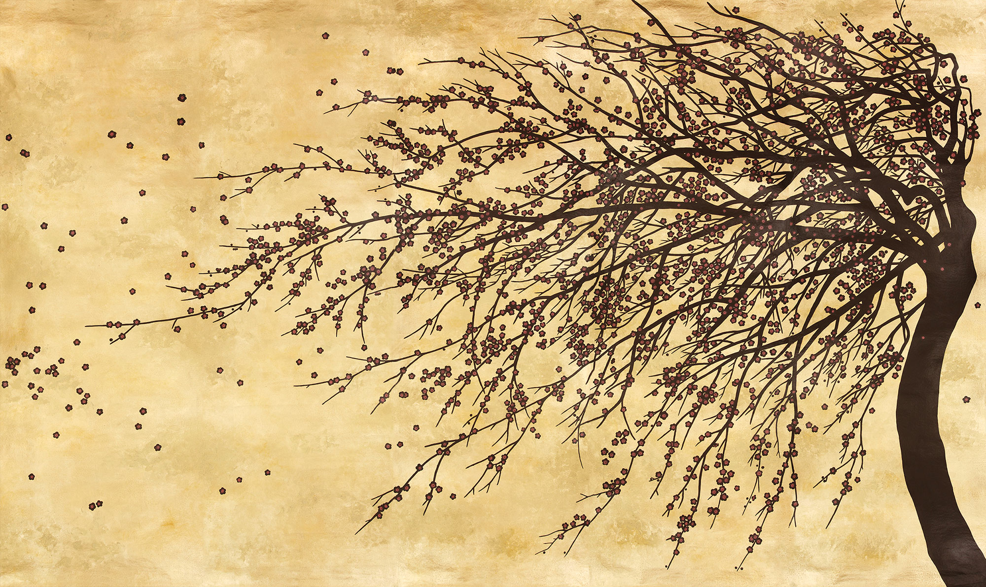 Обои ручная роспись Windswept Blossom Noir on Warm Gold gilded Xuan paper with pearlescent antiquing Обои ручная роспись Windswept Blossom Noir on Warm Gold gilded Xuan paper with pearlescent antiquing - постер Loft-Concept в Грозном