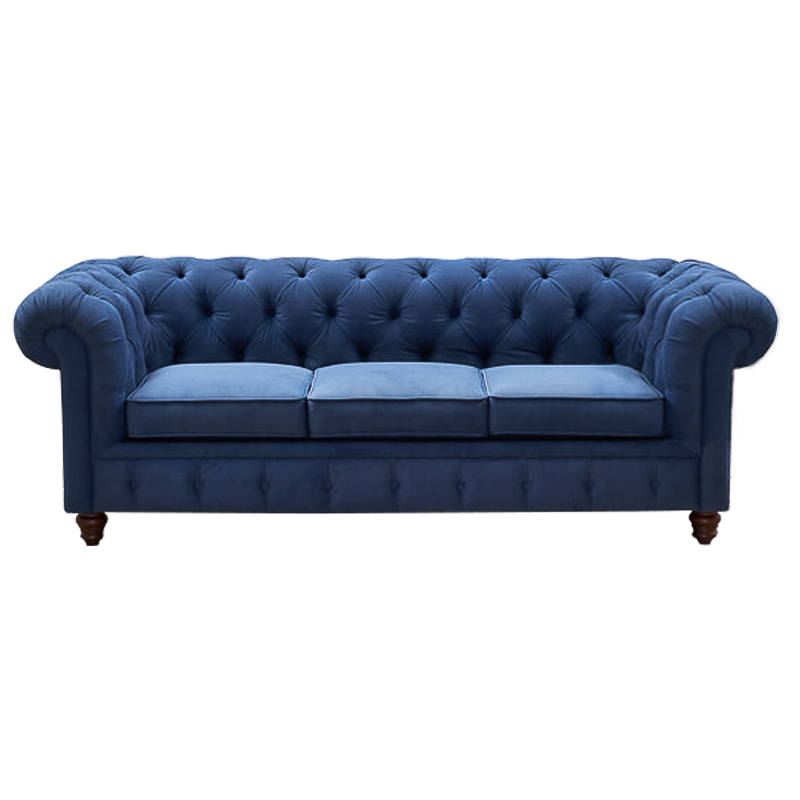Диван Mini Kensington Sofa triple blue velor Сапфирово-синий Коричневый в Грозном | Loft Concept 