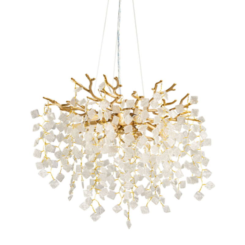 Люстра подвесная золотого цвета с декоративными ветвями и прозрачными рельефными подвесками FAIRYTREE Light Золотой Прозрачный в Грозном | Loft Concept 