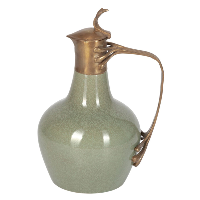 Кувшин зеленого цвета из фарфора с бронзовой крышкой и изогнутой ручкой Eden Garden porcelain and bronze Зеленый Бронза в Грозном | Loft Concept 