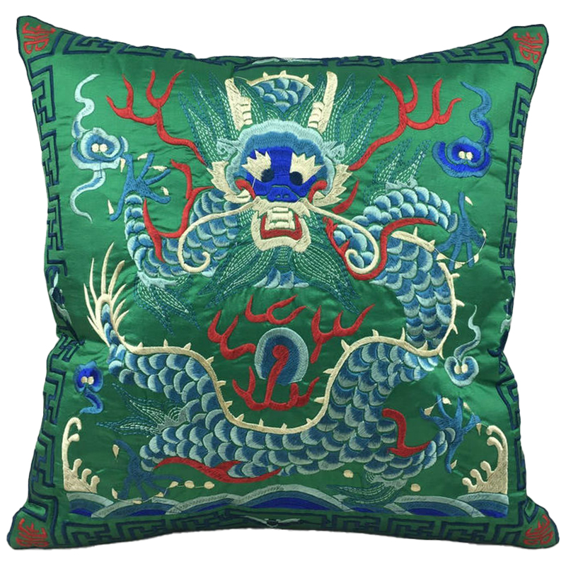Декоративная подушка с вышивкой Chinese Dragon Green Зеленый Мульти Декоративная подушка с вышивкой Chinese Dragon Green Зеленый Мульти в Грозном | Loft Concept