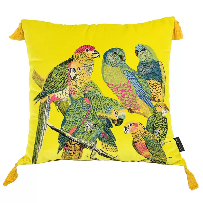 Декоративная подушка с вышивкой Embroidery Parrots Pillow Yellow Желтый Мульти Декоративная подушка с вышивкой Embroidery Parrots Pillow Yellow Желтый Мульти в Грозном | Loft Concept