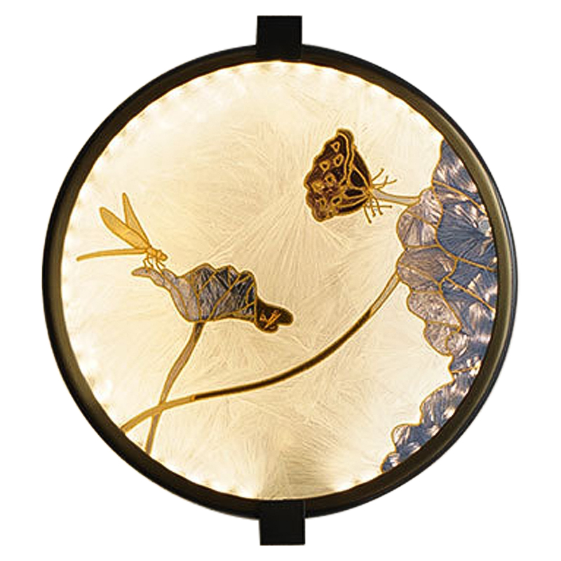 Настенный светильник Lotus Flowers and Dragonfly Round Wall Lamp Черный Латунь Бежевый Серый Настенный светильник Lotus Flowers and Dragonfly Round Wall Lamp Черный Латунь Бежевый Серый в Грозном | Loft Concept