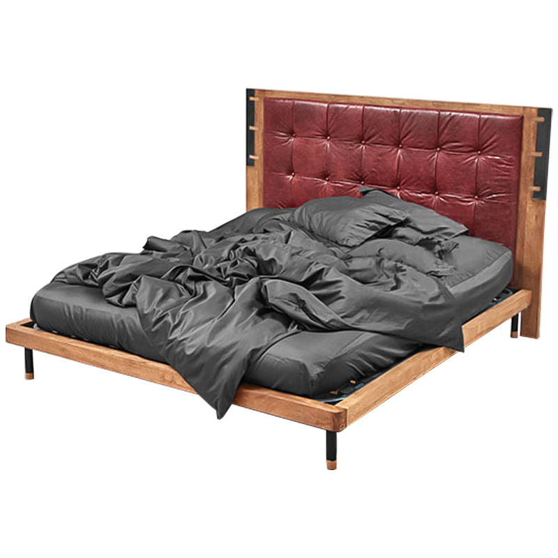 Кровать деревянная с изголовьем из натуральной кожи Kearns Bed Древесина Бургундский красный Кровать деревянная с изголовьем из натуральной кожи Kearns Bed Древесина Бургундский красный в Грозном | Loft Concept