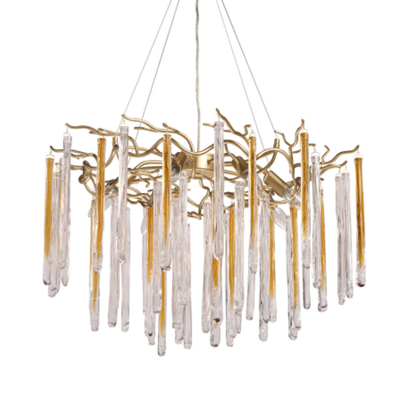 Люстра подвесная золотого цвета с разветвленными ветвями и прозрачными стеклянными подвесками Droplet Chandelier Золотой Прозрачный в Грозном | Loft Concept 