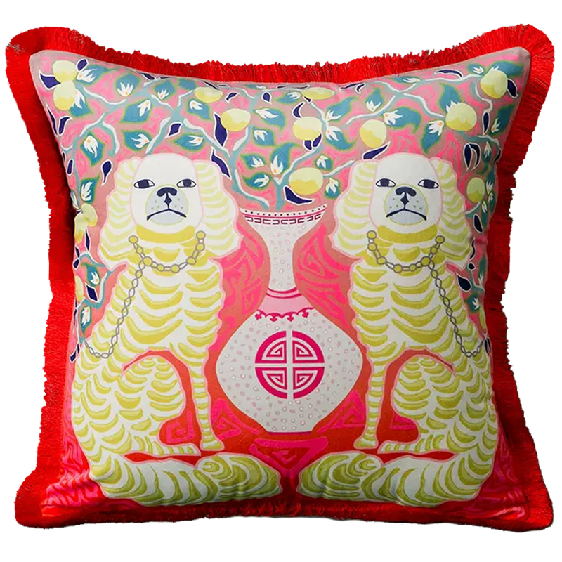Декоративная подушка Two Dogs on Red Cushion Красный Желтый Мульти Декоративная подушка Two Dogs on Red Cushion Красный Желтый Мульти в Грозном | Loft Concept