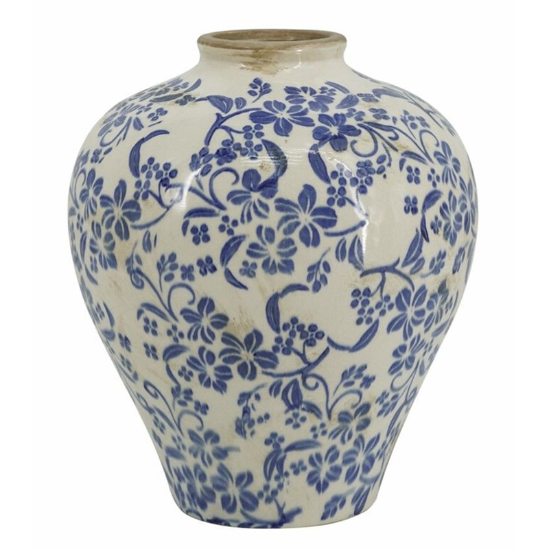 Ваза округлой формы с синим цветочным узором Blue & White Ornament Белый Синий Ваза округлой формы с синим цветочным узором Blue & White Ornament Белый Синий в Грозном | Loft Concept
