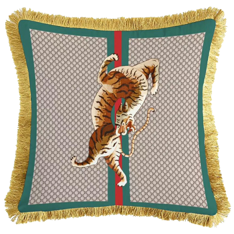 Декоративная подушка Cтиль Gucci Tiger Серый Зеленый Оранжевый Золотой в Грозном | Loft Concept 