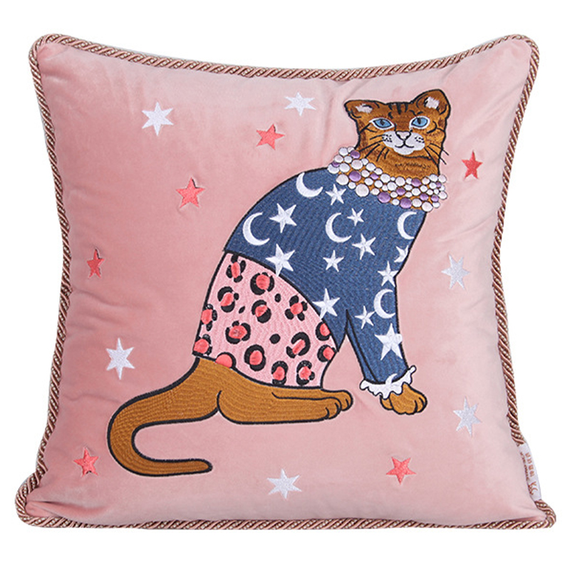 Декоративная подушка с вышивкой Magic Cat Embroidery Cushion Розовый Синий Оранжевый Мульти Декоративная подушка с вышивкой Magic Cat Embroidery Cushion Розовый Синий Оранжевый Мульти в Грозном | Loft Concept