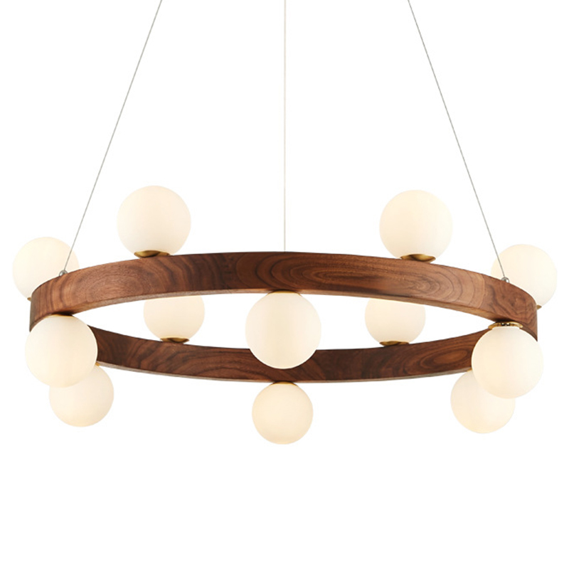 Люстра из дерева с белыми плафонами GRAND Wooden Chandelier Белое матовое стекло Коричневый Латунь Люстра из дерева с белыми плафонами GRAND Wooden Chandelier Белое матовое стекло Коричневый Латунь в Грозном | Loft Concept