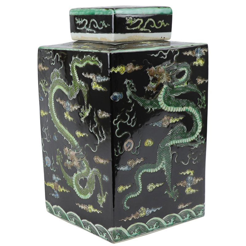Ваза с крышкой квадратная Green Dragon Black Vase Черный Зеленый Желтый Светло-синий Ваза с крышкой квадратная Green Dragon Black Vase Черный Зеленый Желтый Светло-синий в Грозном | Loft Concept