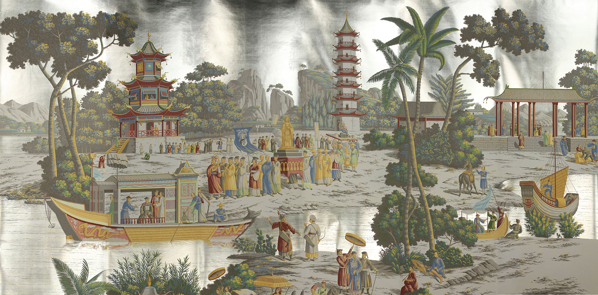 Обои ручная роспись Procession Chinoise Special Colourway on White Metal gilded paper Обои ручная роспись Procession Chinoise Special Colourway on White Metal gilded paper - постер Loft-Concept в Грозном