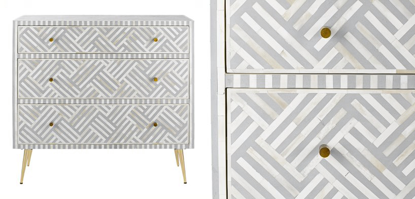 Комод инкрустация костью Gray Indian Bone Inlay 3 drawer Серый - Loft-Concept в Грозном