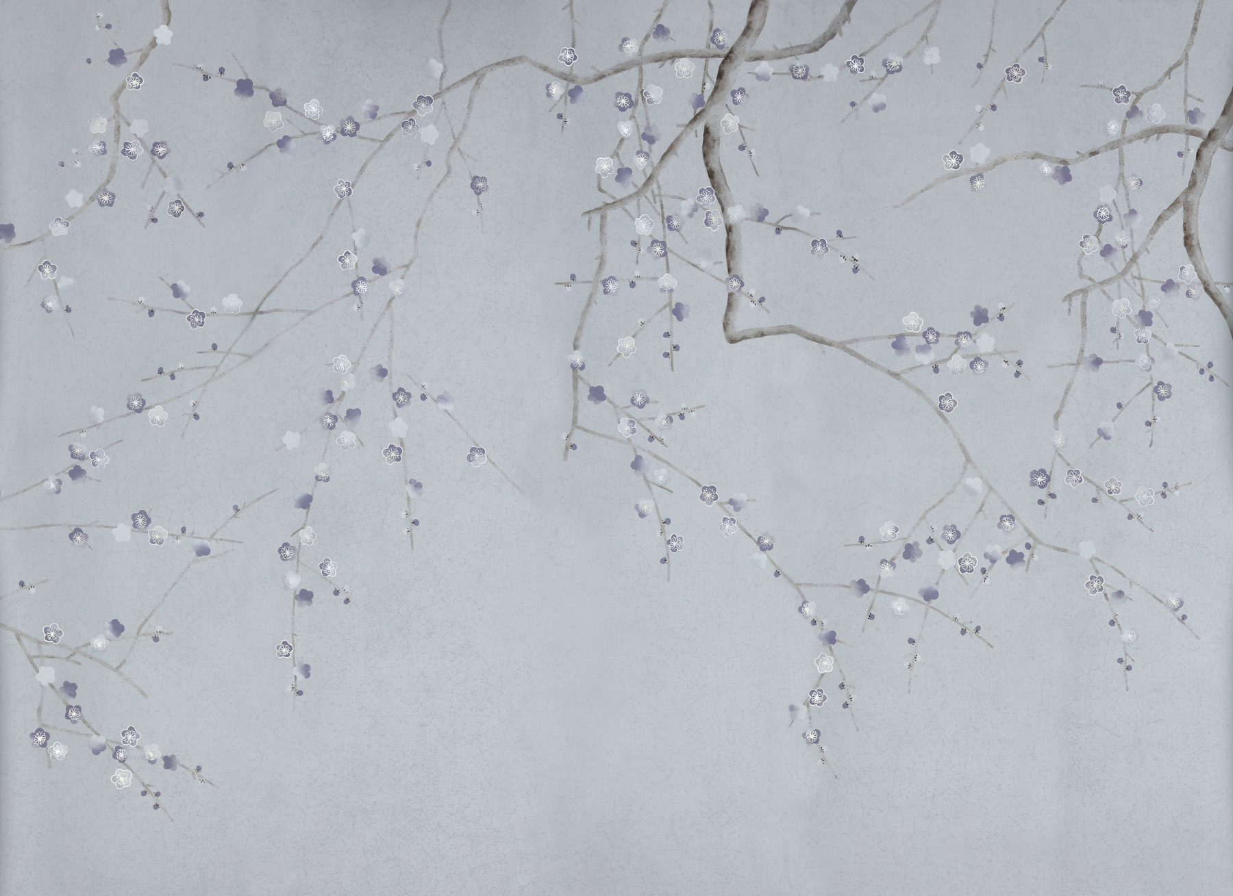 Обои ручная роспись Plum Blossom Special Colourway on Crackled Silver metallic silk Обои ручная роспись Plum Blossom Special Colourway on Crackled Silver metallic silk - постер Loft-Concept в Грозном