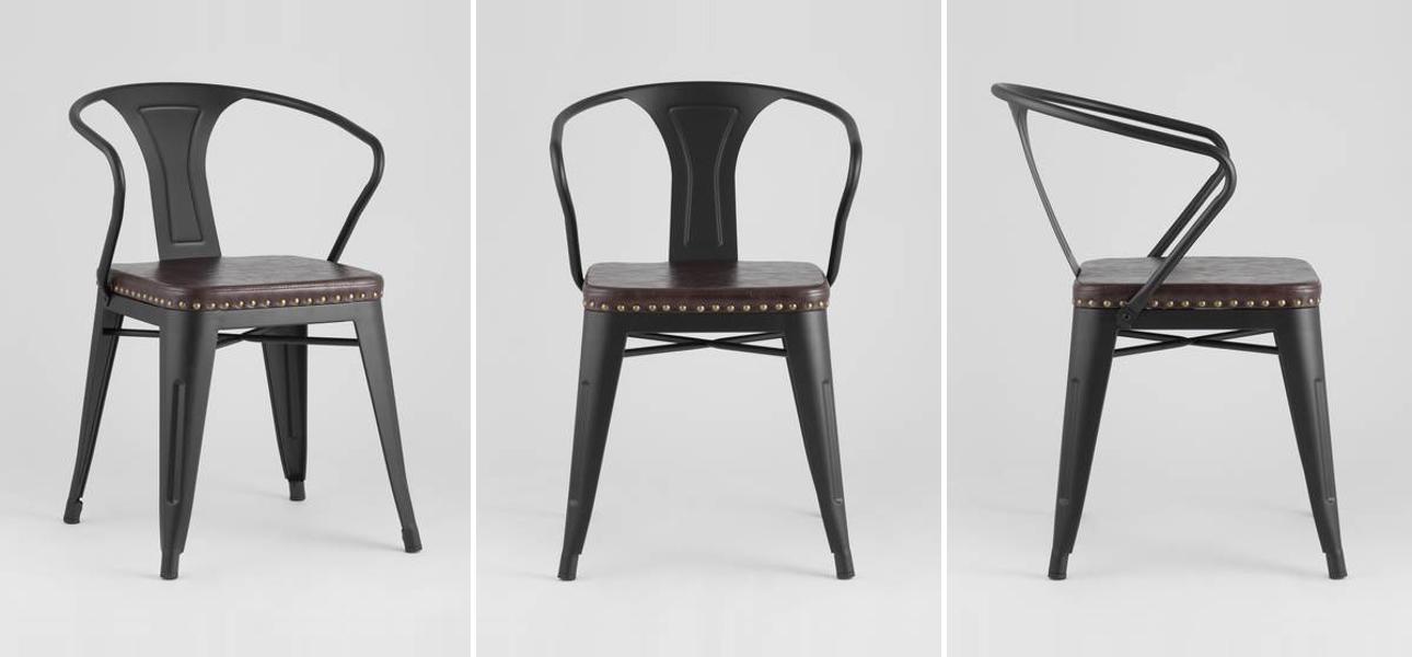 Стул Tolix с подлокотниками Черный матовый Металл Сидение Коричневая Экокожа - фото