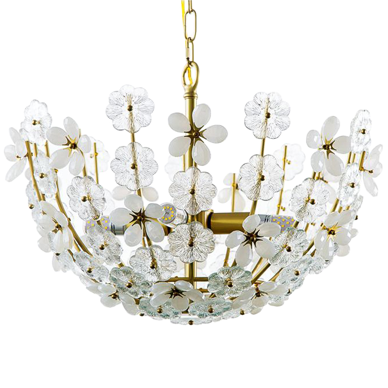Люстра Glass White Flowers Chandelier Латунь Прозрачное Стекло Белый Люстра Glass White Flowers Chandelier Латунь Прозрачное Стекло Белый в Грозном | Loft Concept