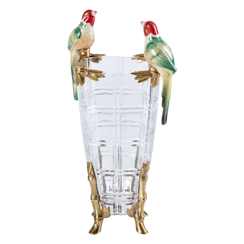 Ваза из прозрачного стекла с бронзовыми ножками и фигурками попугаев Eden Garden porcelain and bronze Прозрачное Стекло Бронза Мульти Ваза из прозрачного стекла с бронзовыми ножками и фигурками попугаев Eden Garden porcelain and bronze Прозрачное Стекло Бронза Мульти в Грозном | Loft Concept