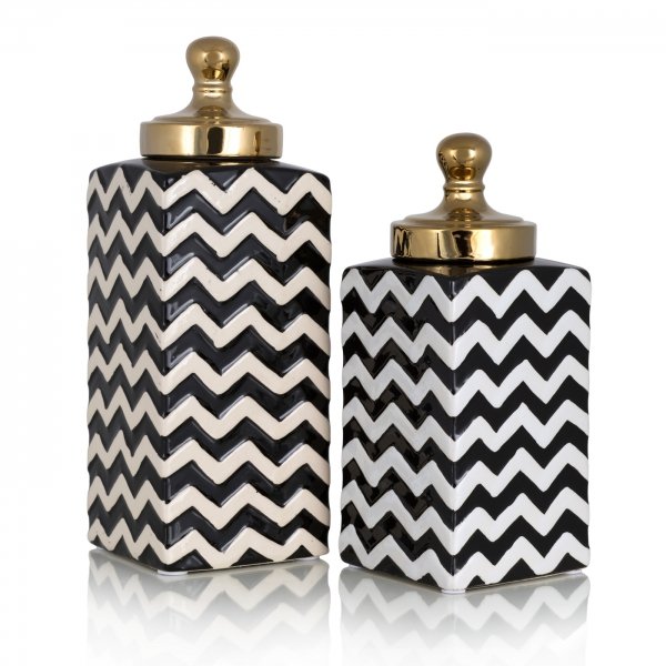 Ваза c крышкой Black&White Zigzag Черно-белый Золотой Ваза c крышкой Black&White Zigzag Черно-белый Золотой в Грозном | Loft Concept