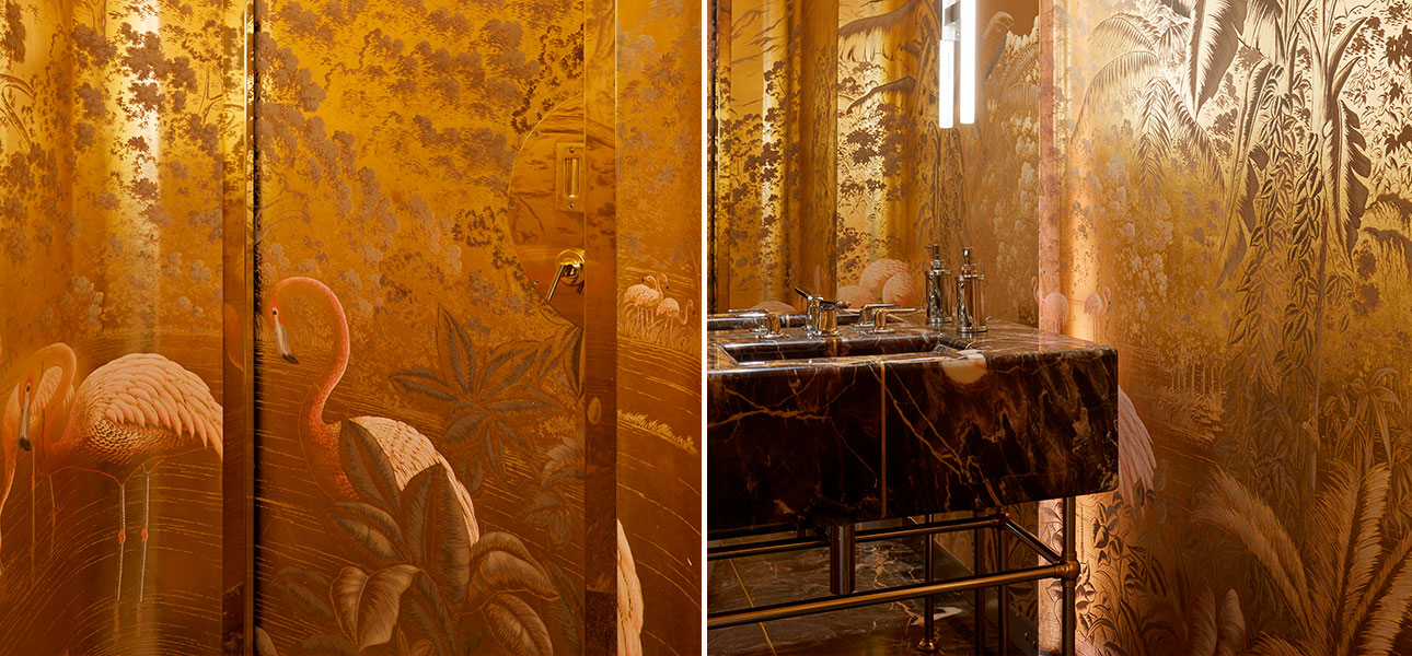 Обои ручная роспись Flamingos Flamingo on Deep Rich Gold gilded paper - фото