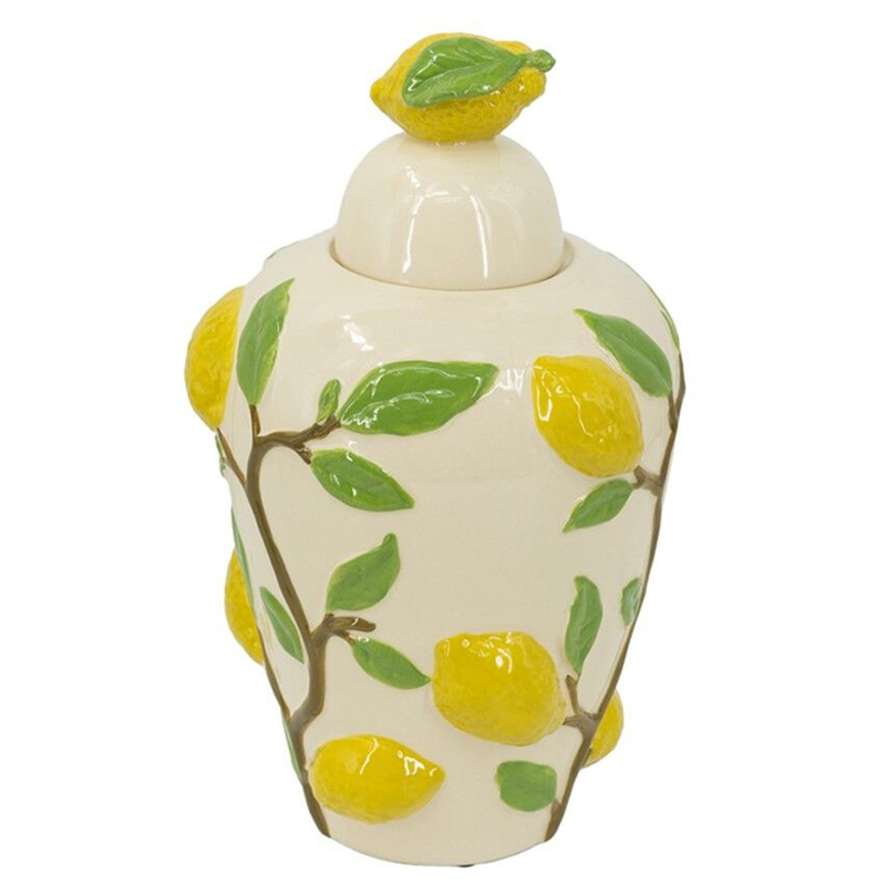 Ваза с крышкой кремового цвета и объемным рисунком лимонов и листьев Lemon Delight Кремовый Желтый Коричневый Зеленый Ваза с крышкой кремового цвета и объемным рисунком лимонов и листьев Lemon Delight Кремовый Желтый Коричневый Зеленый в Грозном | Loft Concept