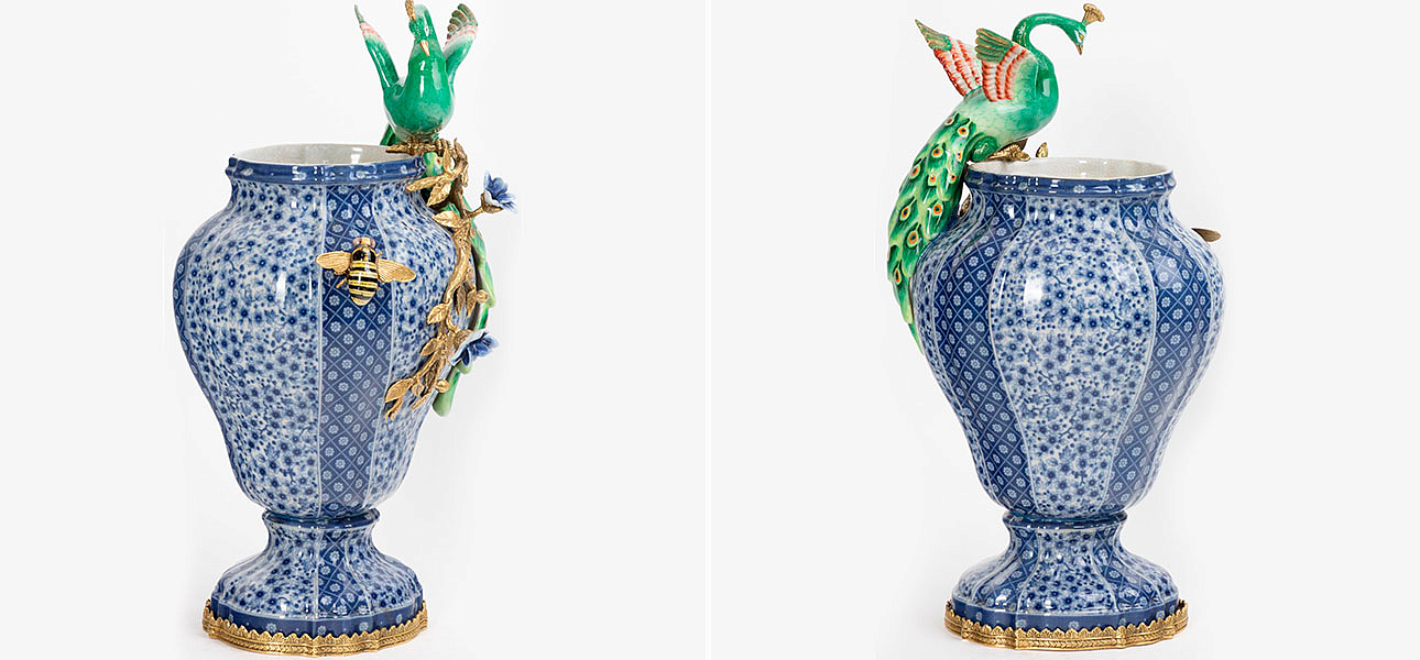 Ваза фарфоровая синяя с фигуркой павлина Peacock - Loft-Concept в Грозном