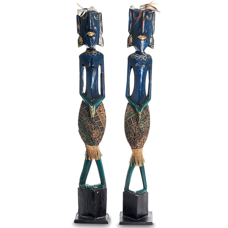 Комплект из 2-х деревянных статуэток Asmat Tall Statuettes Blue Green Синий Зеленый Мульти Комплект из 2-х деревянных статуэток Asmat Tall Statuettes Blue Green Синий Зеленый Мульти в Грозном | Loft Concept
