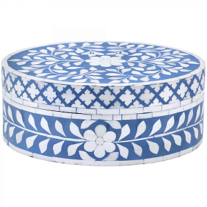 Круглая синяя шкатулка инкрустация кость