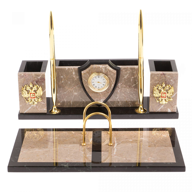 Настольный письменный набор из бежевого мрамора с часами и гербом Marble Accessory Бежевый Черный Золотой Настольный письменный набор из бежевого мрамора с часами и гербом Marble Accessory Бежевый Черный Золотой в Грозном | Loft Concept