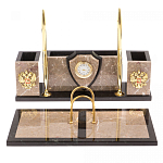 Настольный письменный набор из бежевого мрамора с часами и гербом Marble Accessory варинант исполнения - 1 | Loft Concept в Грозном