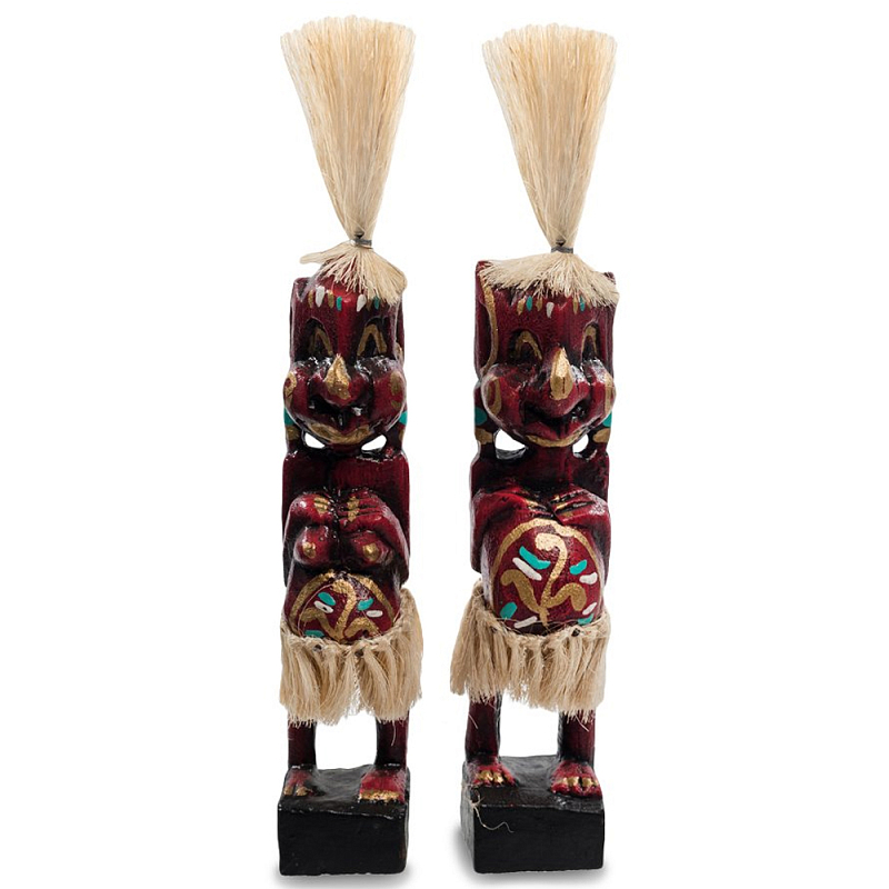 Комплект из 2-х деревянных статуэток Asmat Straw Headdress Statuettes Red Tattoo Красный Бежевый Золотой Мульти Комплект из 2-х деревянных статуэток Asmat Straw Headdress Statuettes Red Tattoo Красный Бежевый Золотой Мульти в Грозном | Loft Concept