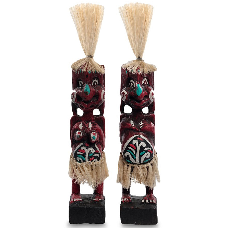 Комплект из 2-х деревянных статуэток Asmat Straw Headdress Statuettes Red Turquoise Красный Бежевый Бирюзовый Белый Мульти Комплект из 2-х деревянных статуэток Asmat Straw Headdress Statuettes Red Turquoise Красный Бежевый Бирюзовый Белый Мульти в Грозном | Loft Concept