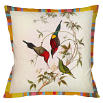 Декоративная подушка бежевая в разноцветную полоску с изображением птиц и цветов Blooming Birds Colorful Cushion варинант исполнения - 4 | Loft Concept в Грозном