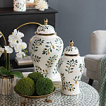 Ваза белая с крышкой с рисунком зеленых и золотых листьев 48 см Chinoiserie Ceramics варинант исполнения - 4 | Loft Concept в Грозном