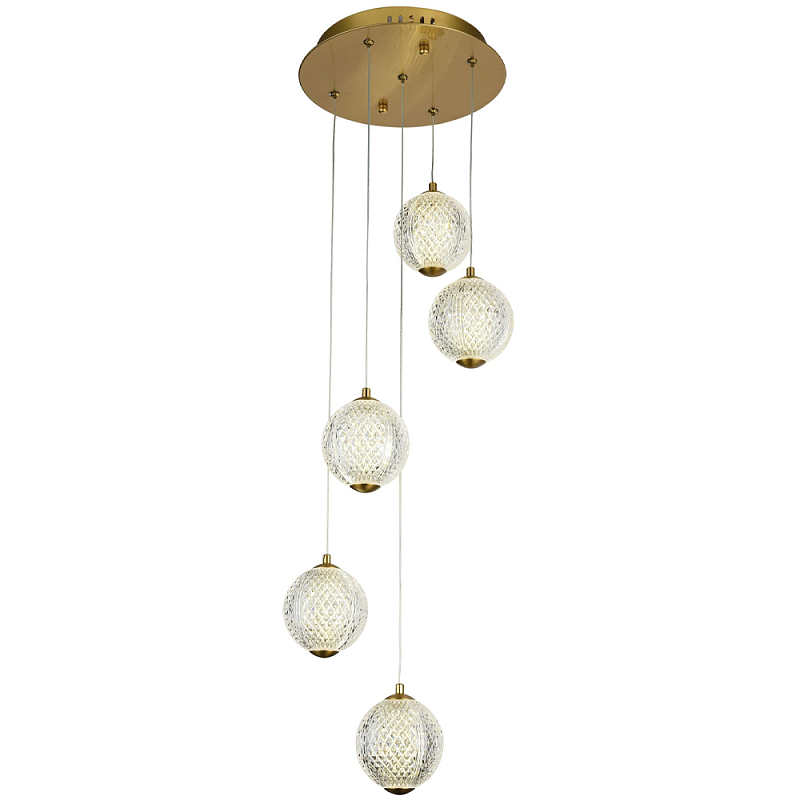 Каскадная люстра с 5-ю плафонами из акрила в виде шара Felice Chandelier Brass Прозрачный Латунь Каскадная люстра с 5-ю плафонами из акрила в виде шара Felice Chandelier Brass Прозрачный Латунь в Грозном | Loft Concept