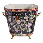 Кашпо из фарфора черная с цветочной росписью и бронзовой стрекозой Spring Garden варинант исполнения - 1 | Loft Concept в Грозном