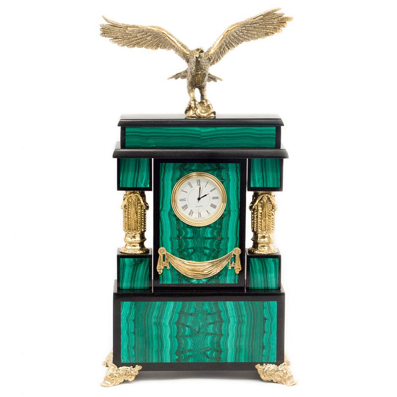 Часы настольные из натурального камня Малахит с декором в виде орла Eagle Stone Clock Малахит Золотой Черный Часы настольные из натурального камня Малахит с декором в виде орла Eagle Stone Clock Малахит Золотой Черный в Грозном | Loft Concept