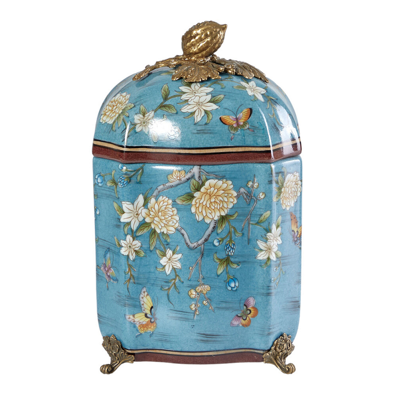 Ваза голубая с крышкой и цветочным узором Genuine Chinese Classics Голубой Мульти Бронза в Грозном | Loft Concept 