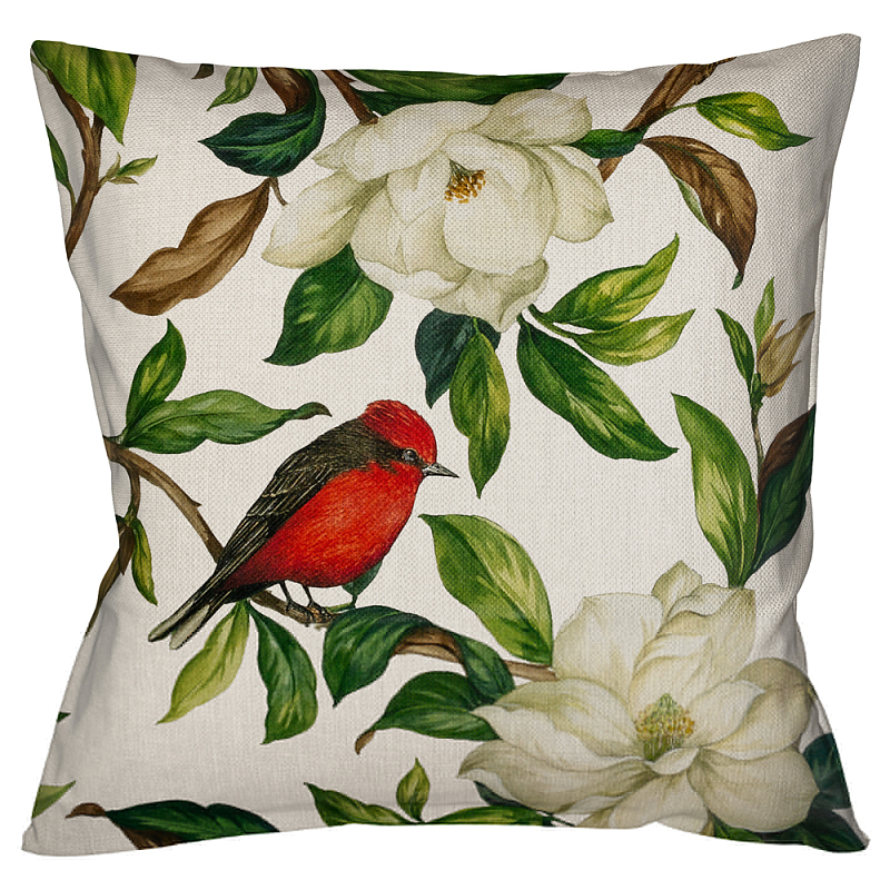 Декоративная подушка бежевая с изображением птиц и цветов Blooming Birds Мульти Бежевый в Грозном | Loft Concept 