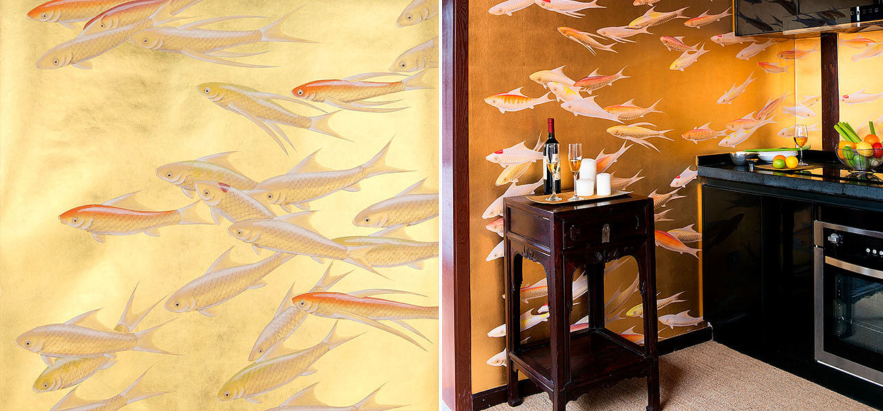 Обои ручная роспись Fishes Koi on Deep Rich Gold gilded paper Обои ручная роспись Fishes Koi on Deep Rich Gold gilded paper - Loft-Concept в Грозном