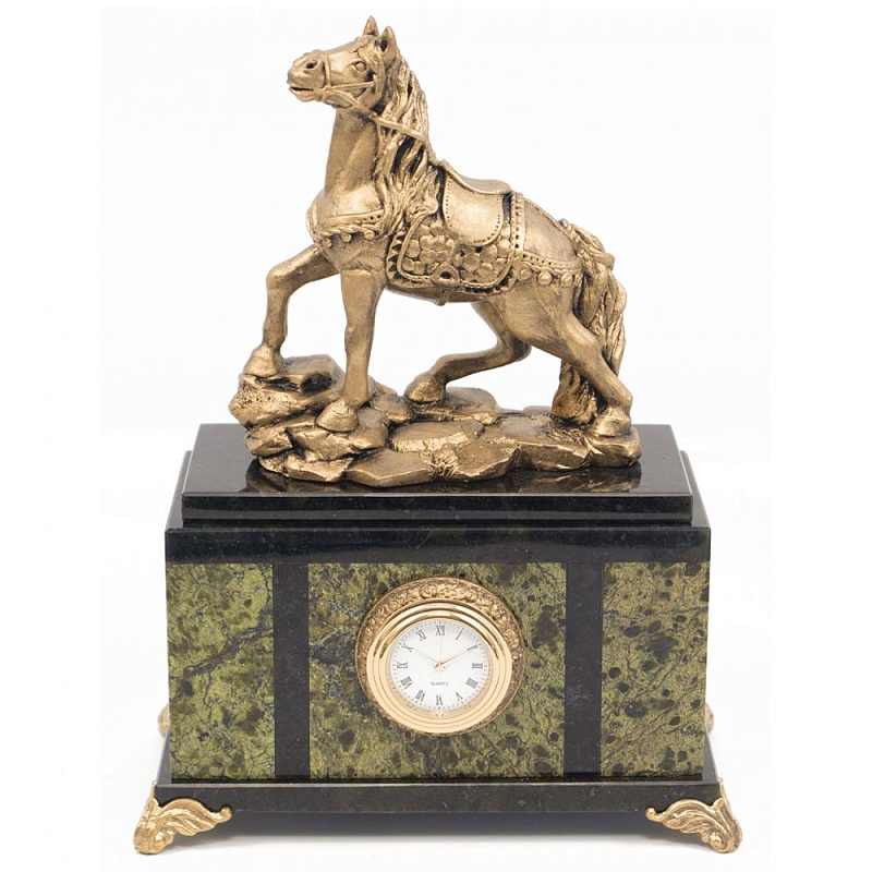 Часы настольные из натурального камня с декором в виде коня Horse Stone Clock Коричневый Черный Зеленый Золотой Часы настольные из натурального камня с декором в виде коня Horse Stone Clock Коричневый Черный Зеленый Золотой в Грозном | Loft Concept